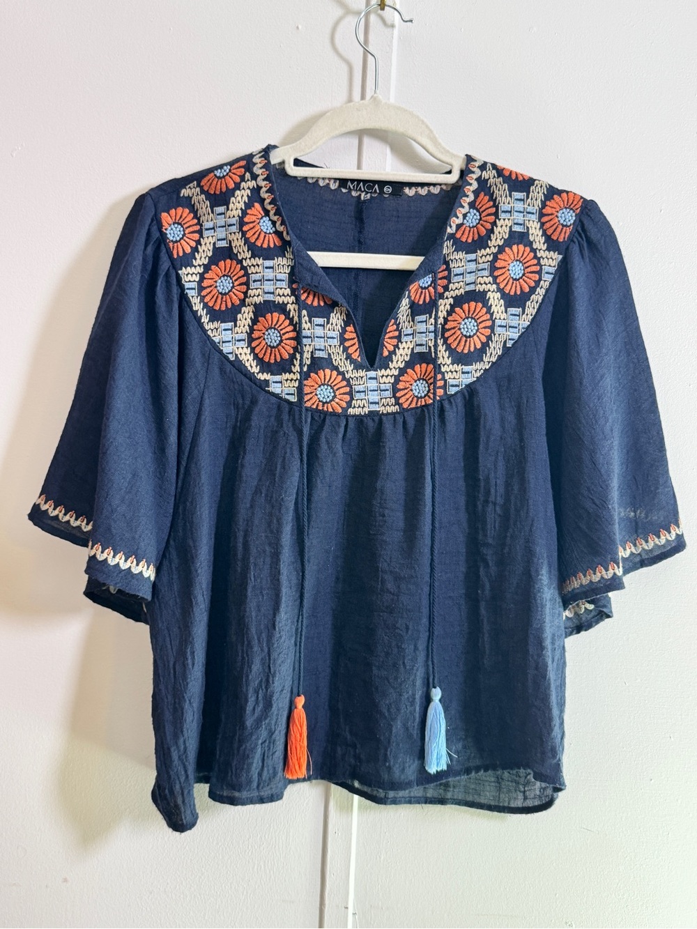 Navy Embroidered Tassel Peasant Blouse